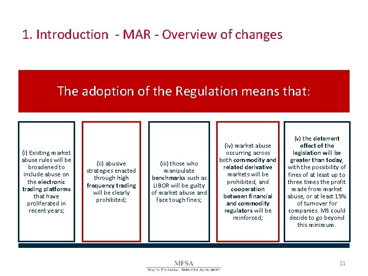 1. Introduction - MAR - Overview of changes The adoption of the Regulation means