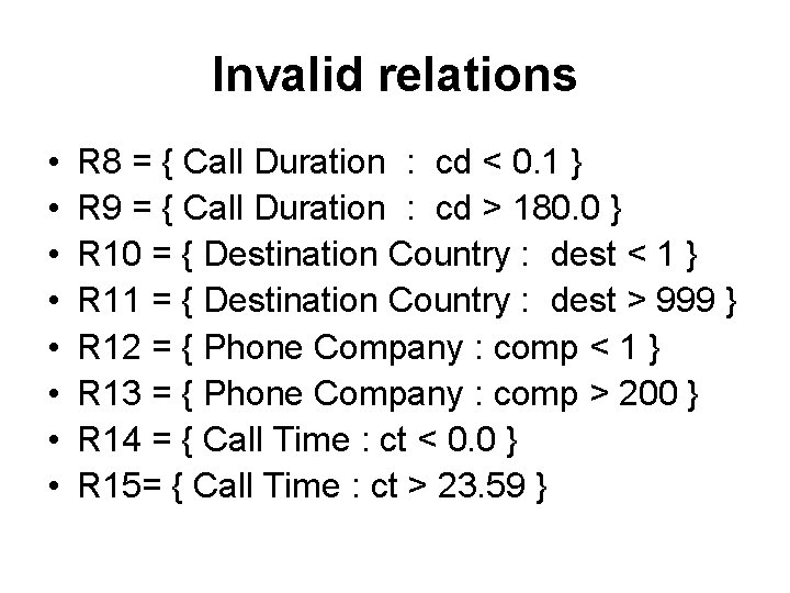 Invalid relations • • R 8 = { Call Duration : cd < 0.