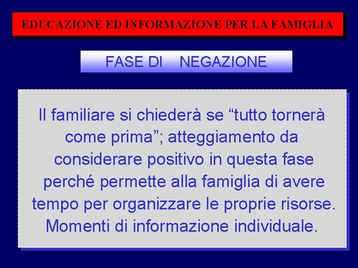 EDUCAZIONE ED INFORMAZIONE PER LA FAMIGLIA FASE DI NEGAZIONE Il familiare si chiederà se