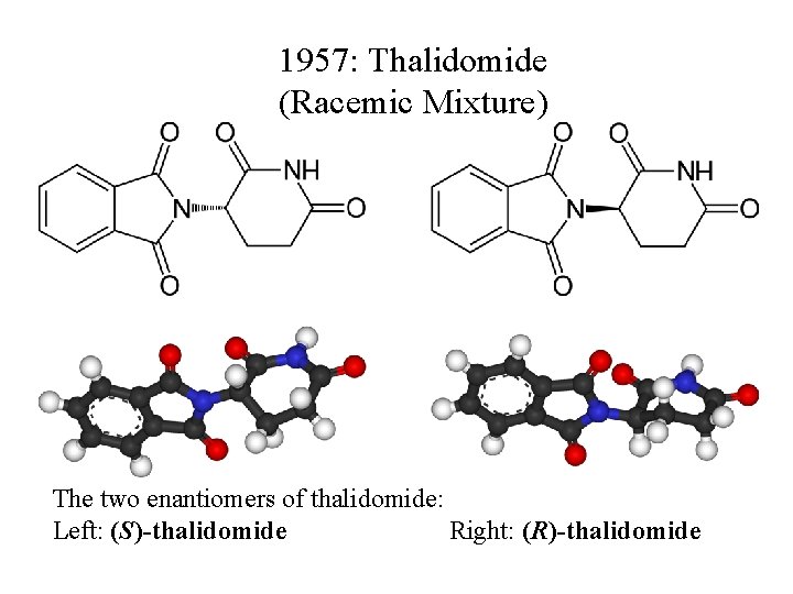1957: Thalidomide (Racemic Mixture) The two enantiomers of thalidomide: Left: (S)-thalidomide Right: (R)-thalidomide 