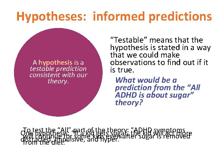 Hypotheses: informed predictions A hypothesis is a testable prediction consistent with our theory. “Testable”