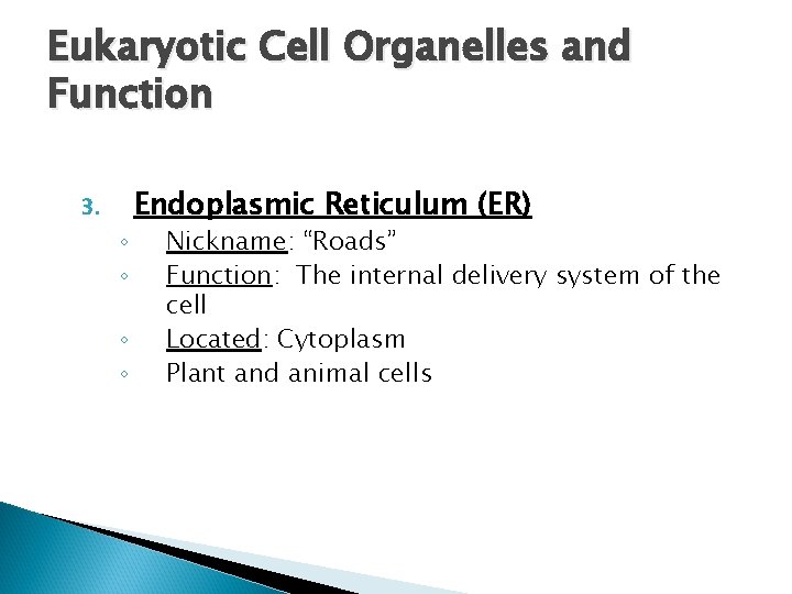 Eukaryotic Cell Organelles and Function 3. ◦ ◦ Endoplasmic Reticulum (ER) Nickname: “Roads” Function:
