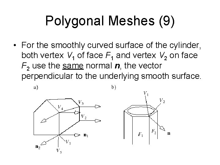 Polygonal Meshes (9) • For the smoothly curved surface of the cylinder, both vertex Polygonal Meshes (9) • For the smoothly curved surface of the cylinder, both vertex