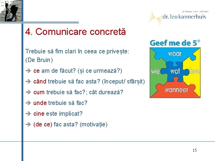 4. Comunicare concretă Trebuie să fim clari în ceea ce privește: (De Bruin) ce