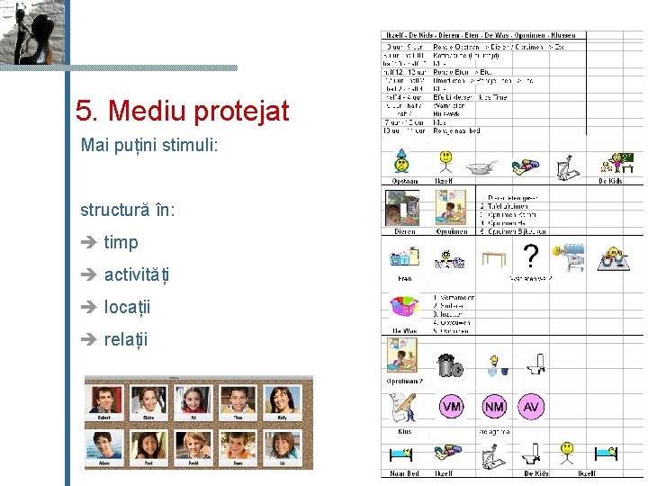 5. Mediu protejat Mai puțini stimuli: structură în: timp activități locații relații 18 