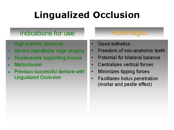 Lingualized Occlusion Advantages Indications for use n n n High esthetic demands Severe mandibular