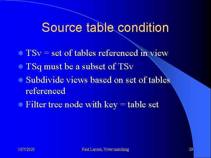 Source table condition l TSv = set of tables referenced in view l TSq