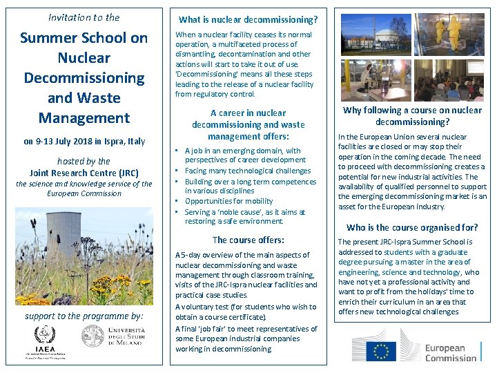 Invitation to the Summer School on Nuclear Decommissioning and Waste Management on 9 -13