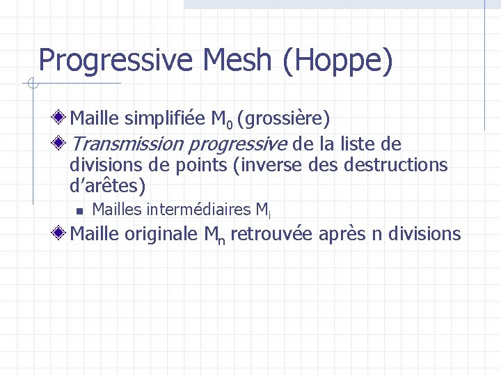 Progressive Mesh (Hoppe) Maille simplifiée M 0 (grossière) Transmission progressive de la liste de