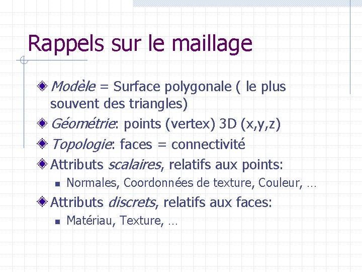 Rappels sur le maillage Modèle = Surface polygonale ( le plus souvent des triangles)