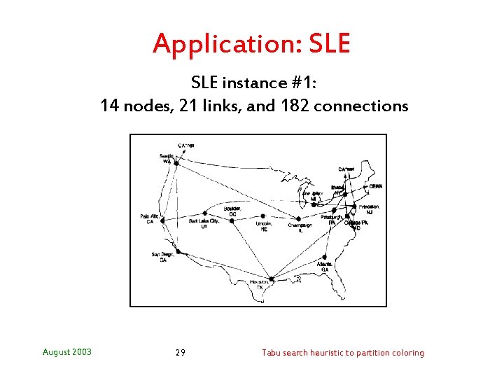 Application: SLE instance #1: 14 nodes, 21 links, and 182 connections August 2003 29