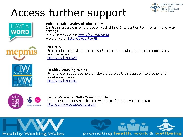 Access further support Public Health Wales Alcohol Team 2 hr training sessions on the