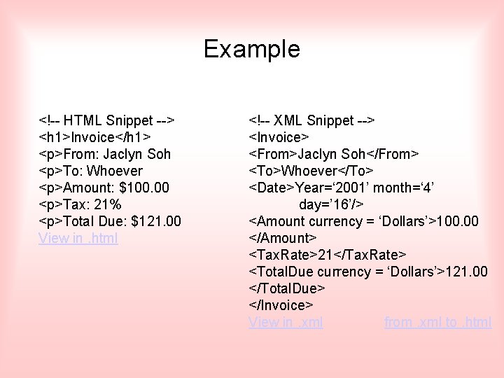 Example <!-- HTML Snippet --> <h 1>Invoice</h 1> <p>From: Jaclyn Soh <p>To: Whoever <p>Amount: