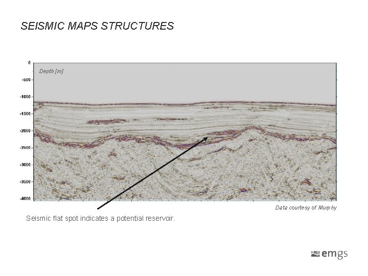SEISMIC MAPS STRUCTURES Depth [m] Data courtesy of Murphy Seismic flat spot indicates a