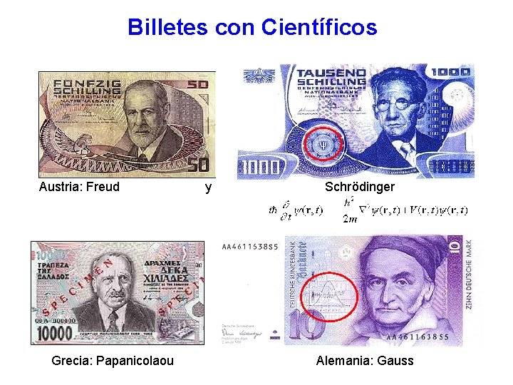 Billetes con Científicos Austria: Freud Grecia: Papanicolaou y Schrödinger Alemania: Gauss 