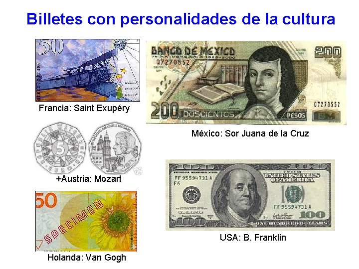 Billetes con personalidades de la cultura Francia: Saint Exupéry México: Sor Juana de la