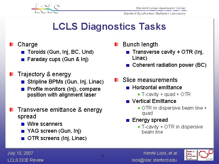 LCLS Diagnostics Tasks Charge Bunch length Toroids (Gun, Inj, BC, Und) Faraday cups (Gun