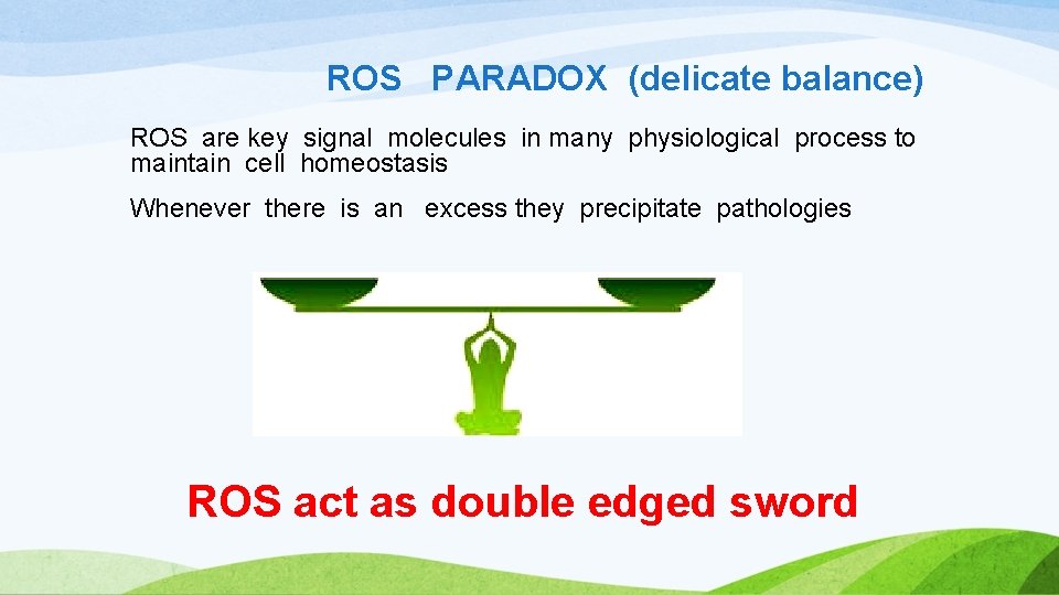 ROS PARADOX (delicate balance) ROS are key signal molecules in many physiological process to