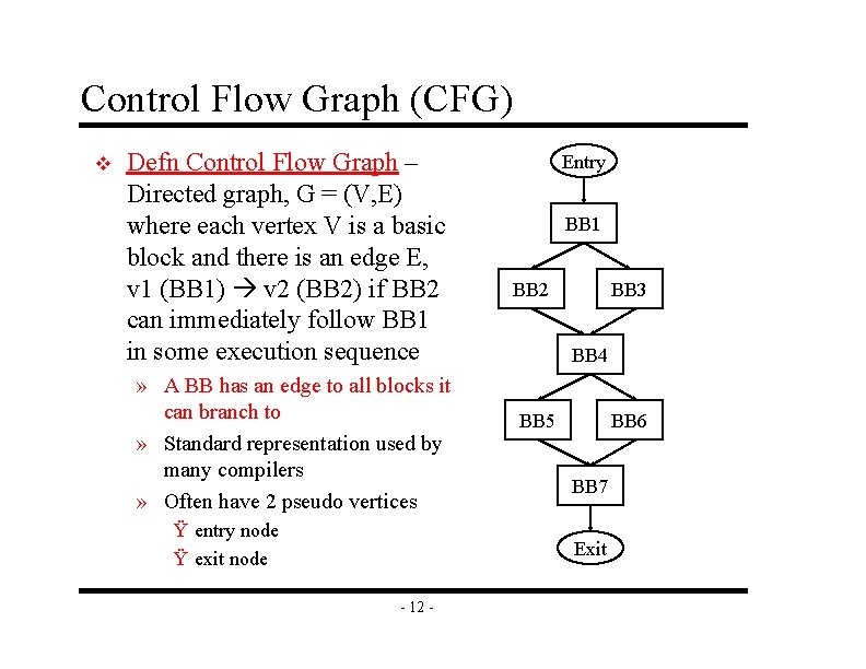 Control Flow Graph (CFG) v Defn Control Flow Graph – Directed graph, G =