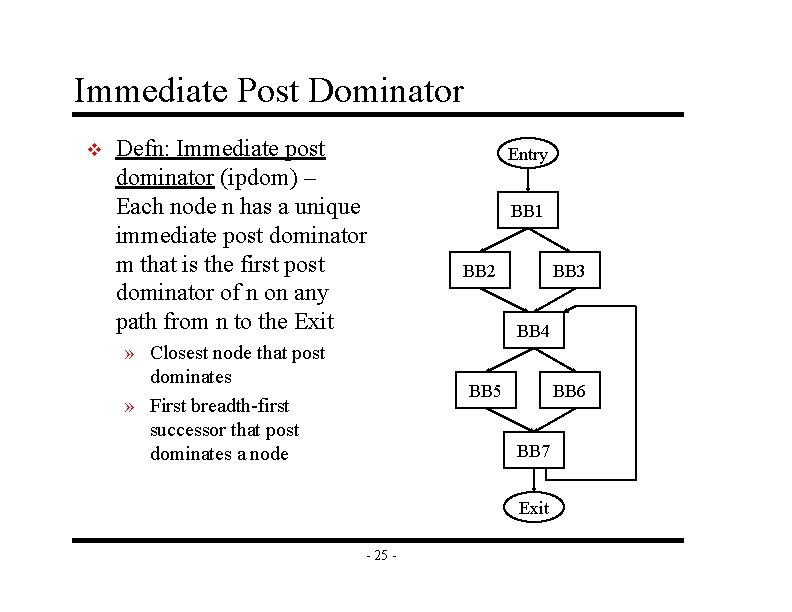 Immediate Post Dominator v Defn: Immediate post dominator (ipdom) – Each node n has