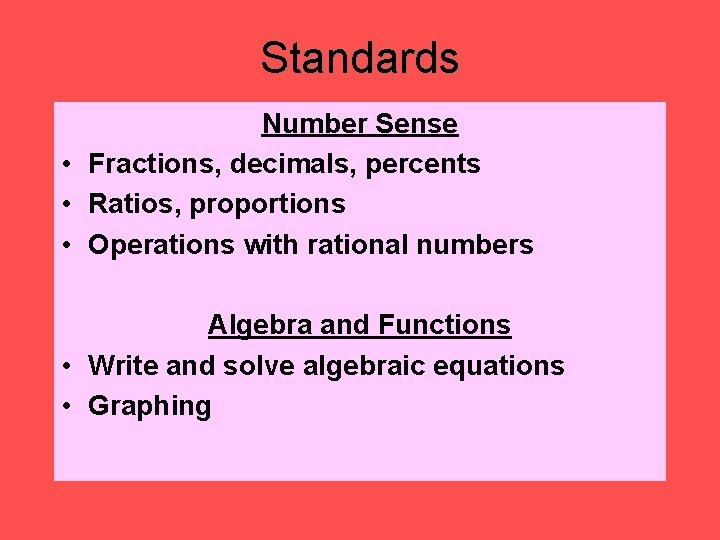 Standards Number Sense • Fractions, decimals, percents • Ratios, proportions • Operations with rational