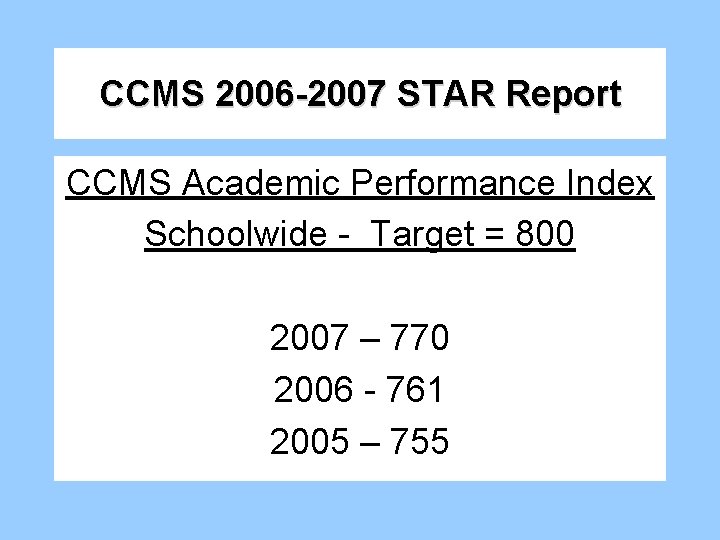 CCMS 2006 -2007 STAR Report CCMS Academic Performance Index Schoolwide - Target = 800 CCMS 2006 -2007 STAR Report CCMS Academic Performance Index Schoolwide - Target = 800