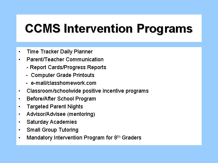 CCMS Intervention Programs • • • Time Tracker Daily Planner Parent/Teacher Communication - Report CCMS Intervention Programs • • • Time Tracker Daily Planner Parent/Teacher Communication - Report