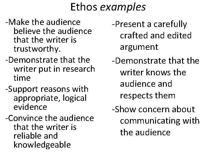 Ethos examples -Make the audience believe the audience that the writer is trustworthy. -Demonstrate