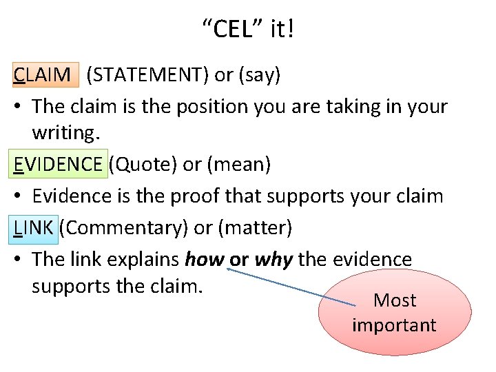 “CEL” it! CLAIM (STATEMENT) or (say) • The claim is the position you are