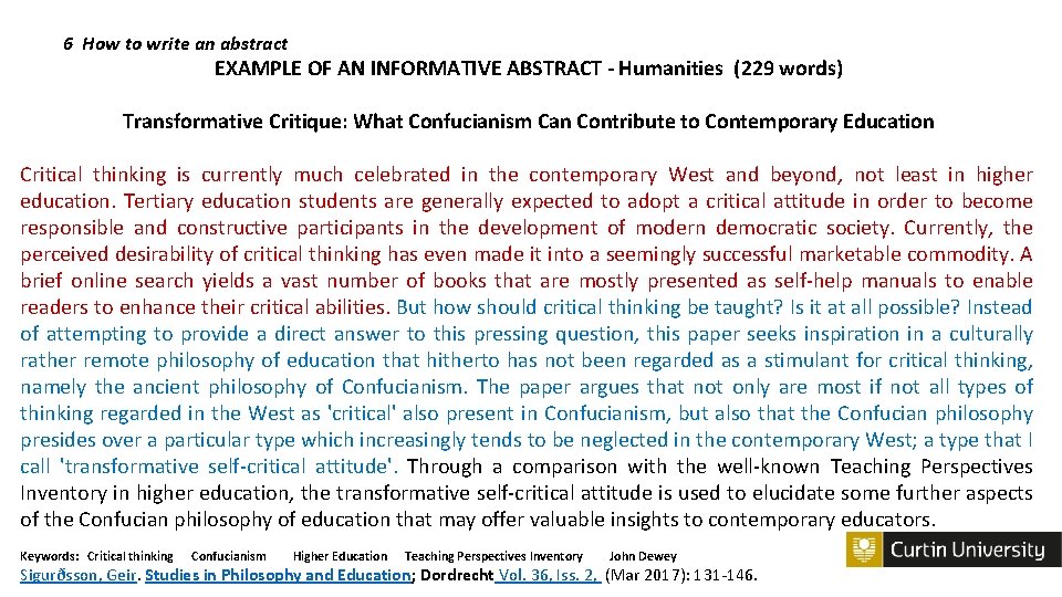 6 How to write an abstract EXAMPLE OF AN INFORMATIVE ABSTRACT - Humanities (229