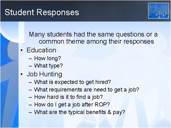 Student Responses Many students had the same questions or a common theme among their