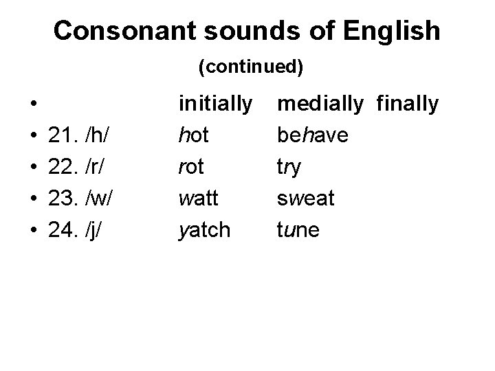 Consonant sounds of English (continued) • • • 21. /h/ 22. /r/ 23. /w/