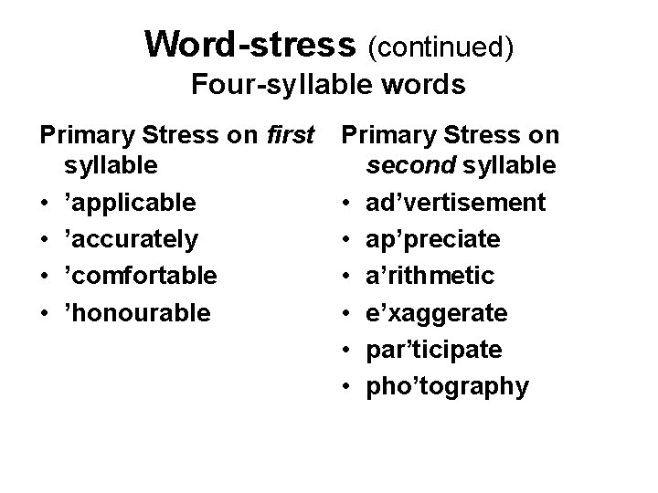 Word-stress (continued) Four-syllable words Primary Stress on first syllable • ’applicable • ’accurately •