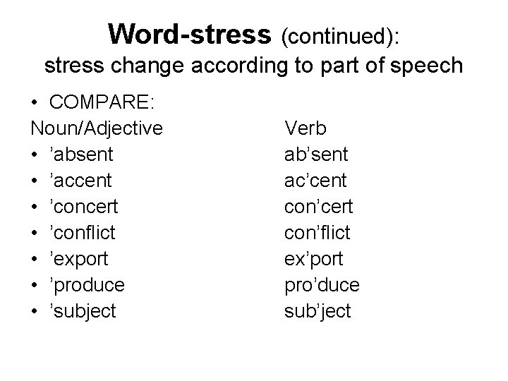 Word-stress (continued): stress change according to part of speech • COMPARE: Noun/Adjective • ’absent
