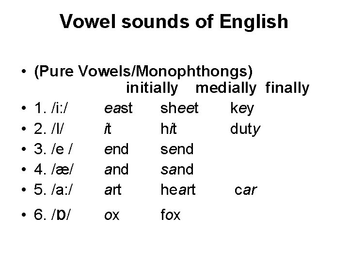 Vowel sounds of English • (Pure Vowels/Monophthongs) initially medially finally • 1. /i: /