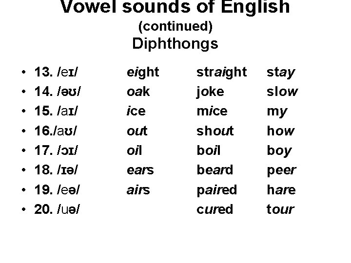 Vowel sounds of English (continued) Diphthongs • • 13. /eɪ/ 14. /əʊ/ 15. /aɪ/