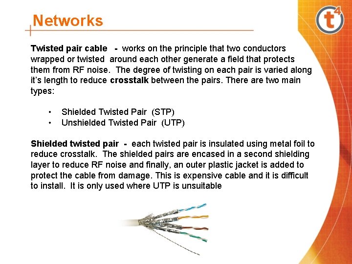 Networks Twisted pair cable - works on the principle that two conductors wrapped or