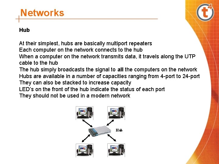 Networks Hub At their simplest, hubs are basically multiport repeaters Each computer on the