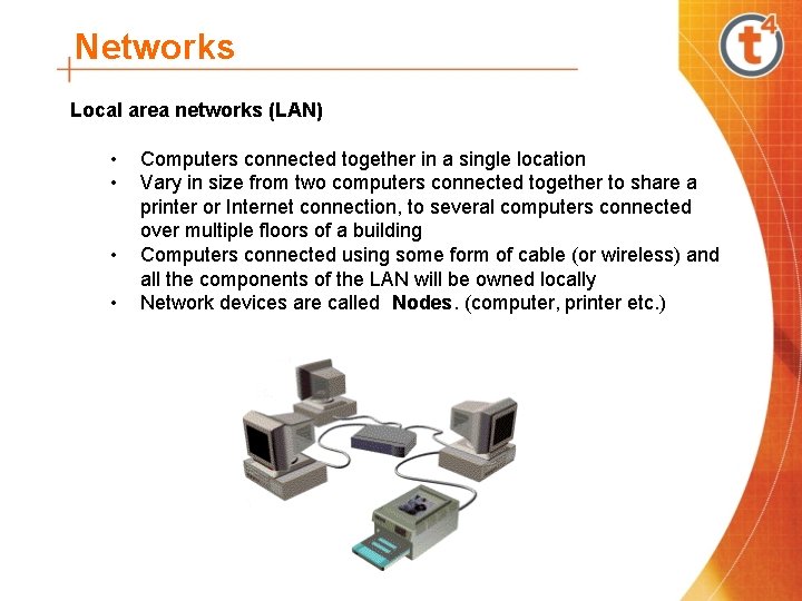 Networks Local area networks (LAN) • Computers connected together in a single location •