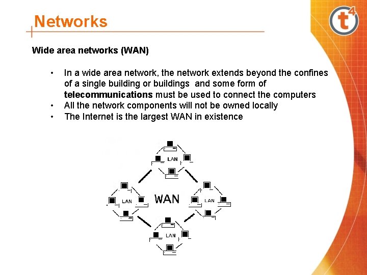 Networks Wide area networks (WAN) • In a wide area network, the network extends