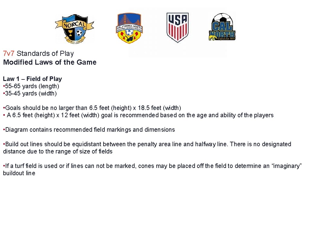 7 v 7 Standards of Play Modified Laws of the Game Law 1 –