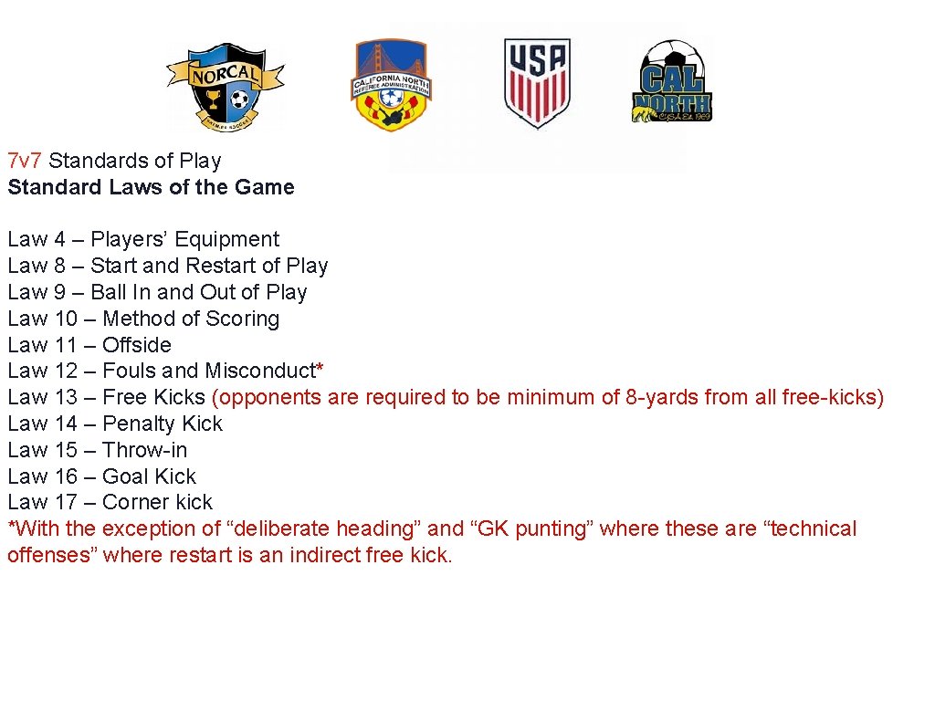 7 v 7 Standards of Play Standard Laws of the Game Law 4 –