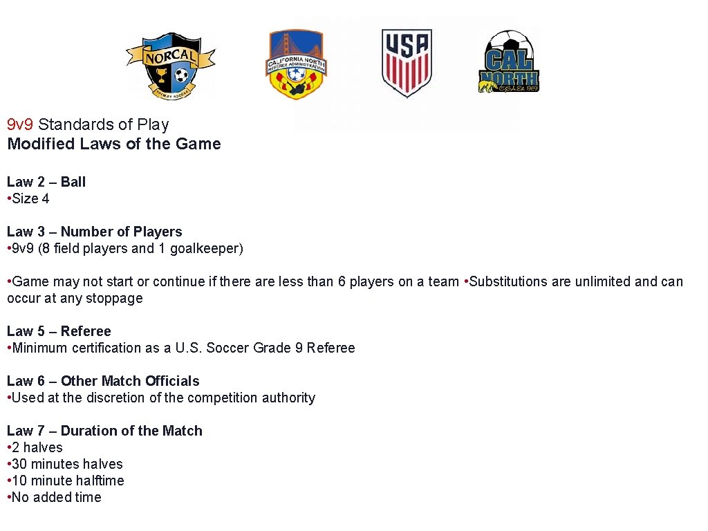 9 v 9 Standards of Play Modified Laws of the Game Law 2 –