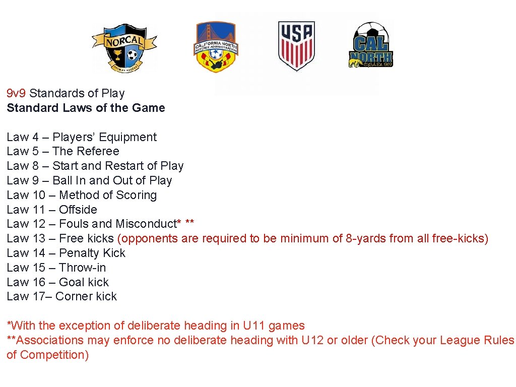 9 v 9 Standards of Play Standard Laws of the Game Law 4 –