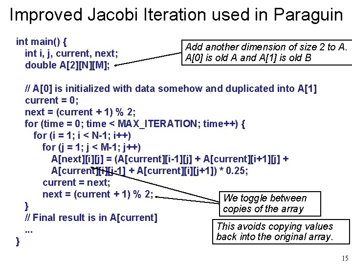 Improved Jacobi Iteration used in Paraguin int main() { int i, j, current, next;