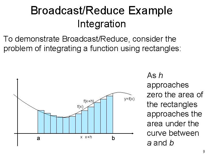 Broadcast/Reduce Example Integration To demonstrate Broadcast/Reduce, consider the problem of integrating a function using