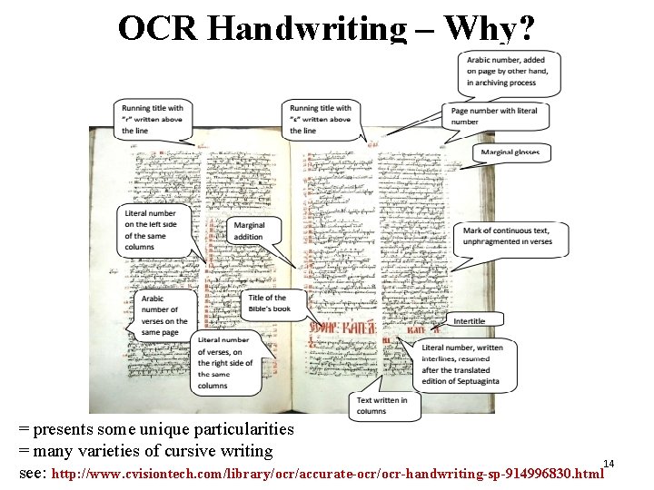 OCR Handwriting – Why? = presents some unique particularities = many varieties of cursive