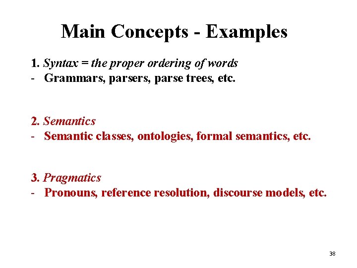 Main Concepts - Examples 1. Syntax = the proper ordering of words - Grammars,