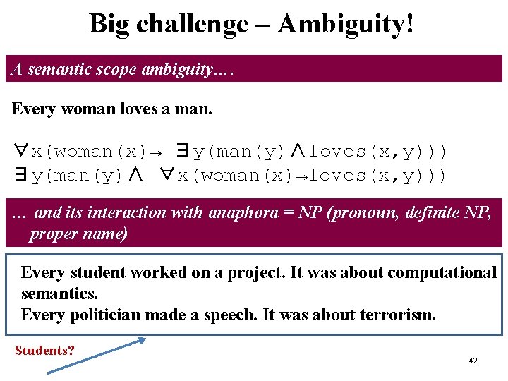 Main Concepts - II Big challenge – Ambiguity! A semantic scope ambiguity…. Every woman