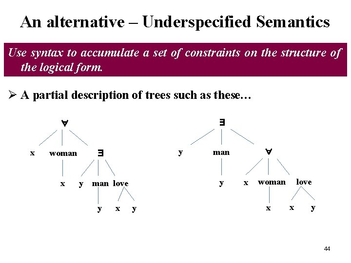 Main Concepts - II An alternative – Underspecified Semantics Use syntax to accumulate a